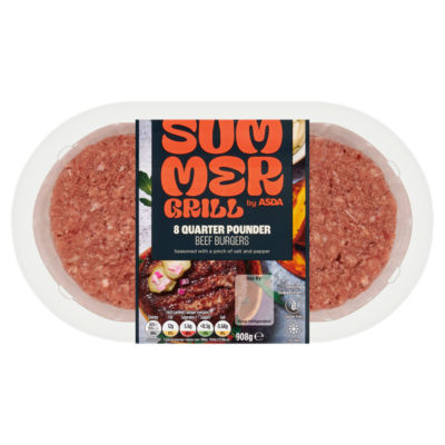 ASDA 8 Succulent Quarter Pounder Beef Burgers 908g