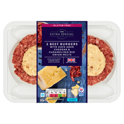 ASDA Extra Special Extra Special 2 Beef Burgers with Cave Aged Cheddar & Caramelised Red Onion Melts 300g