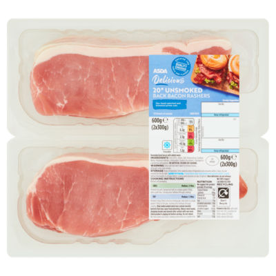 ASDA 20 Delicious Unsmoked Back Bacon Rashers 2 x 300g (600g)