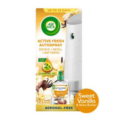 Air Wick Sweet Vanilla & Shea Butter Aerosol-Free Automatic Spray Kit. Lasts up to 70 days.