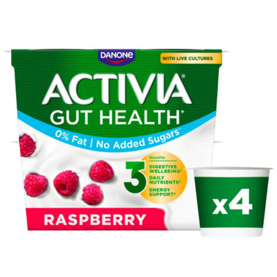 Activia Raspberry No Added Sugar Fat Free Gut Health Yoghurt Multipack, 4x115g