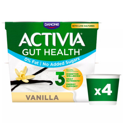 Activia Vanilla Fat Free No Added Sugar Gut Health Fruit Yoghurt Multipack 4X115g