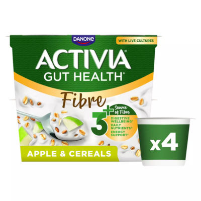 Activia Fibre Apple Cereals Low Fat Breakfast Gut Health Yoghurt Multipack 4x115g