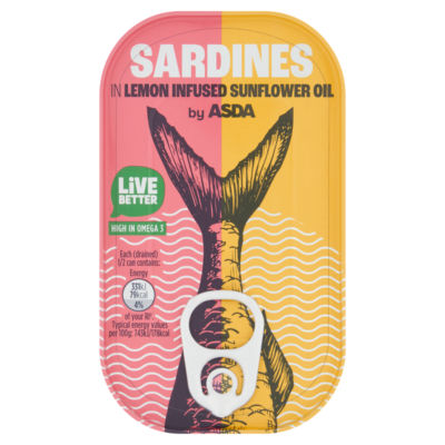 ASDA SARDINES IN LEMON INFUSED SUNFLOWER OIL 120g