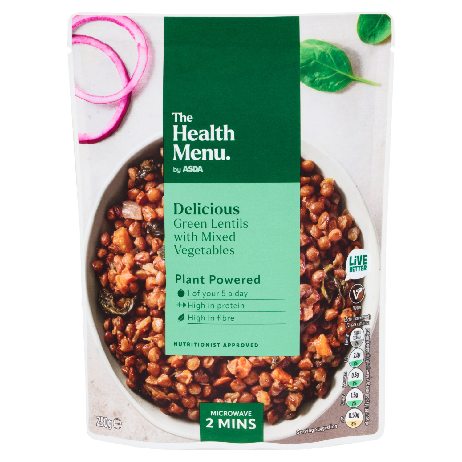 ASDA Delicious Green Lentils with Mixed Vegetables Ready to Eat Meal 250g