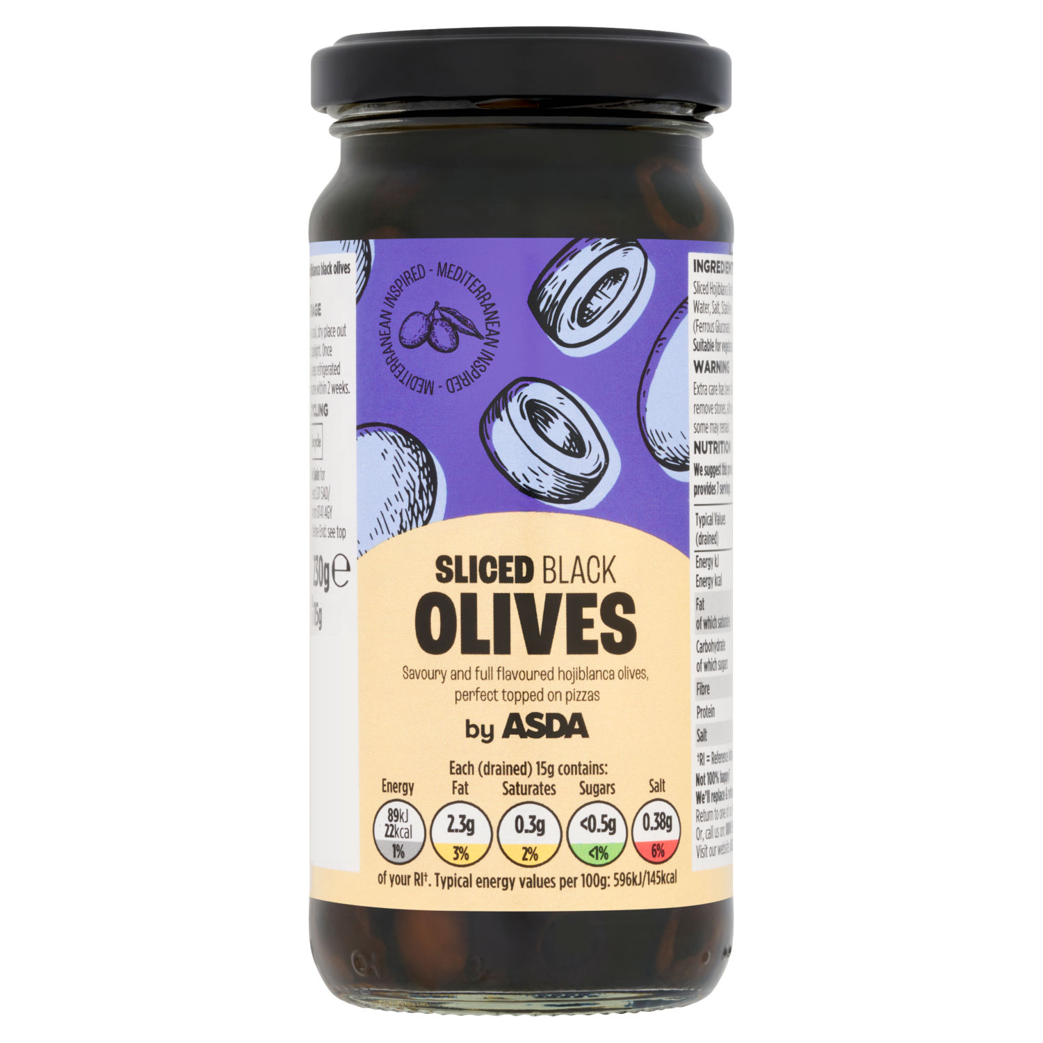ASDA Sliced Black Olives 230g Jar