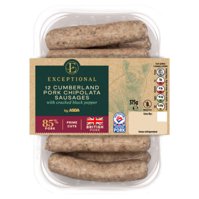 Exceptional by ASDA 12 Cumberland Pork Chipolata Sausages with Cracked Black Pepper 375g