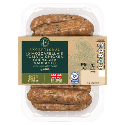 Exceptional by ASDA Exceptional 10 Mozzarella & Tomato Chicken Chipolata Sausages 340g