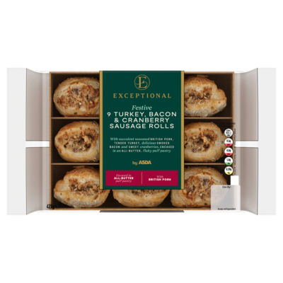 Exceptional by ASDA 9 Festive Turkey, Bacon & Cranberry Sausage Rolls 423g
