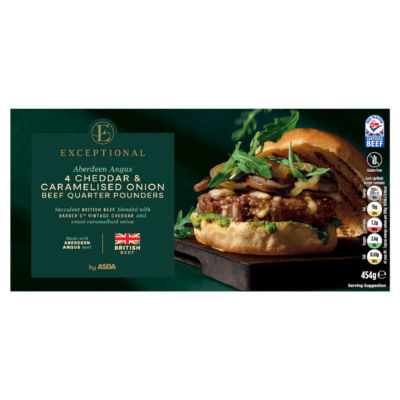 Exceptional by ASDA 4 Aberdeen Angus Cheddar & Caramelised Onion Beef Quarter Pounders 454g