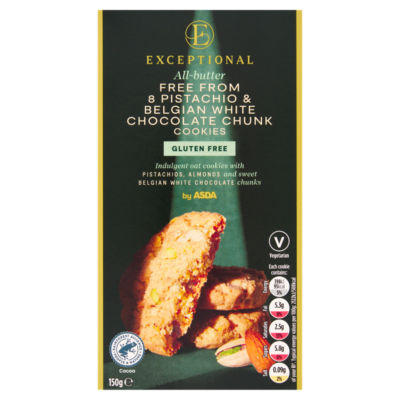 Exceptional by ASDA All-Butter Free From 8 Pistachio & Belgian White Chocolate Chunk Cookies 150g