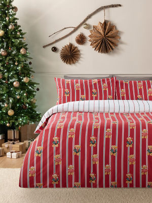 Red Christmas Teddy Bear Stripe Reversible Duvet Set Double - ASDA ...
