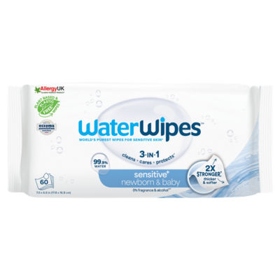 WaterWipes Sensitive+ Newborn & Baby Wipes, 3-In-1 Cleans, Cares, Protects, 99.9% Water, Unscented, 60 Count