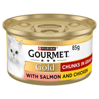 Gourmet chunks in gravy salmon and chicken wet cat food