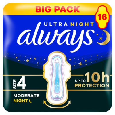 Always Ultra Night Sanitary Pads Secure With Wings Size 4 16pk