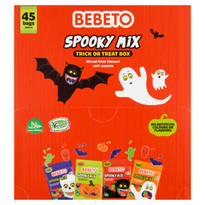 Bebeto 45 Spooky Mix Trick or Treat Box Assorted Fruit Flavour Soft Sweets Mini Bags 675g