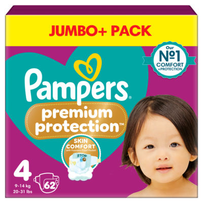 Premium Protection Size 4, 62 Baby Nappies, 9kg-14kg, Jumbo+ Pack 62PK