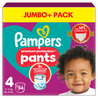 Premium Protection Nappy Pants Size 4, 54 Nappies, 9kg-15kg, Jumbo+ Pack 54PK