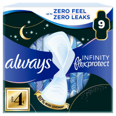 Always Infinity Flex Protect 9 Night Extra Sanitary Pads With Wings Size 4