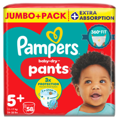 Pampers Baby-Dry Nappy Pants Size 5+, 58 Nappies, 11kg-17kg, Jumbo+ Pack
