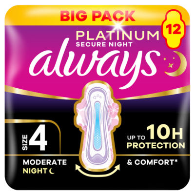 Platinum Sanitary Towels Moderate Flow Night (Size 4) 12 Pads