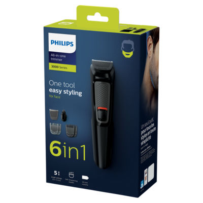 Philips 3000 Multigroom 6-in-1 Hair & Beard Trimmer- Shaver and Clipper for Face & Head, Self-sharpening Skin-friendly Blades, 5 Length Settings, Mode
