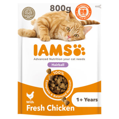 Iams Hairball Dry Cat Food Chicken 800g