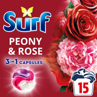 Surf 3 in 1 Peony & Rose Laundry Washing Detergent Capsules 15 washes