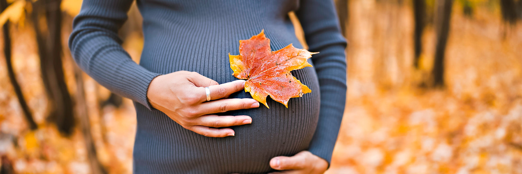 Pregnancy woman holding an autumn leaf