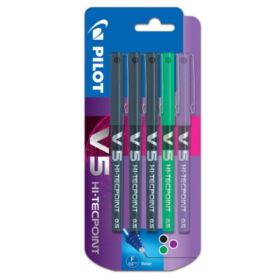 Pilot V5 Rollerball Black Green Violet 5 Pack