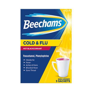 Beechams Hot Drink Sachets, Cold & Flu Relief with Paracetamol, Blackcurrant flavour, 5s