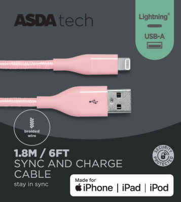 Asda Tech Lightning Cable - Braided Pink 1.8M