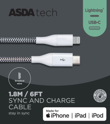 Asda Tech Lighting To Usb-C Cable - White 1.8M