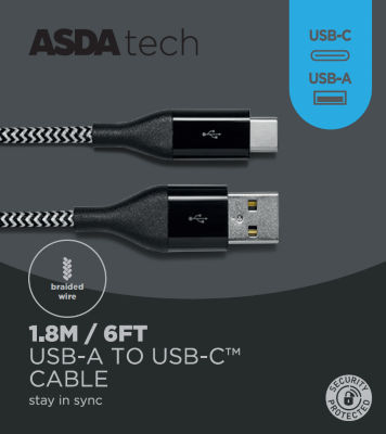 Asda Tech Usb-A To Usb-C Cable - Black 1.8M