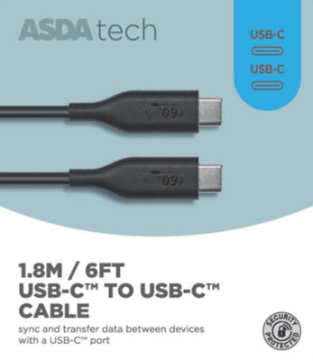 Asda Tech Type C To Type C Cable - Black 1.8M