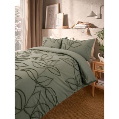 George Home Green Luxury 100% Cotton Tufted Leaf Duvet Set - Super King
