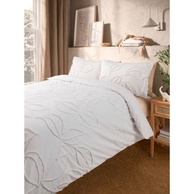 George Home White Luxury 100% Cotton Tufted Leaf Duvet Set - Super King