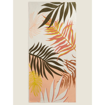 George Home Green & Pink Leaf Print Cotton Beach Towel