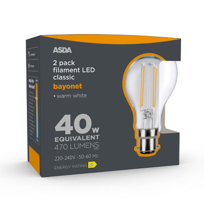 Asda Led Filament Classic 40W Large Bayonet Clear Lightbulb