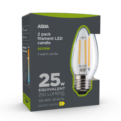 ASDA Fil Candle 250L Gl Cle E27 25H 27K Non 2P
