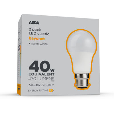 ASDA LED A Shape 470L WH COA B22 25H 27K NON 2P