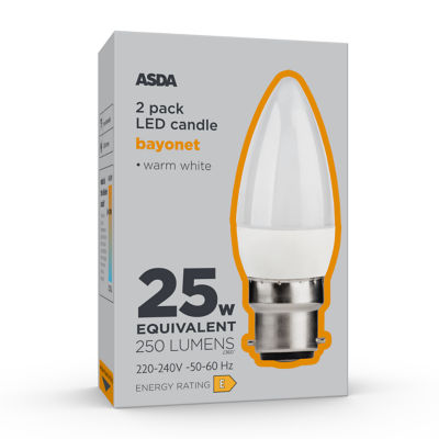 ASDA LED Candle 250L WH COA B22 25H 27K NON 2P
