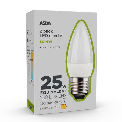 ASDA Led Candle 250L Wh Coa E27 25H 27K Non 2P