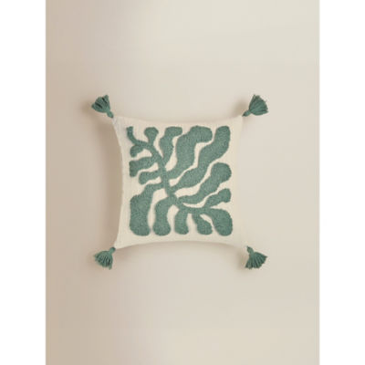 George Home Green & Natural Leaf Motif Cushion with Tassels