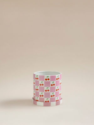 George Home Checked Plant Pot with Cherry's 15.5x14.5cm