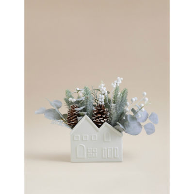 ASDA White Ceramic House With Wintery Artificial Foliage Display