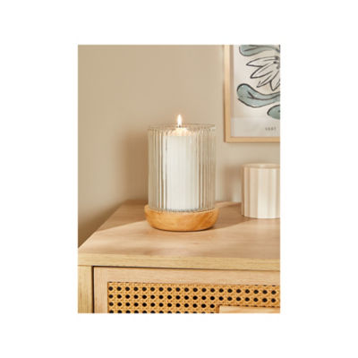 George Home Natural Brown Ribbed Glass Hurricane Wood Base