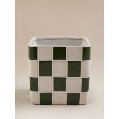 ASDA Green & White Check Ceramic Planter