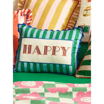ASDA Green Stripe Embroidered 'Happy' Slogan Cushion 45x35