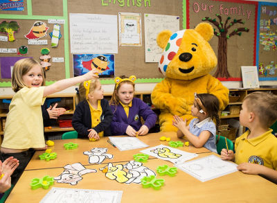 Caroline Canty from Asda Patchway celebrates BBC Children in Need with Wheatfields Primary School